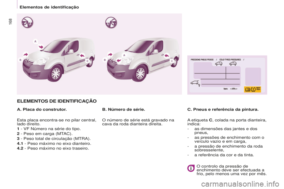 CITROEN BERLINGO ELECTRIC 2017  Manual do condutor (in Portuguese) 168
Berlingo-2-Vu_pt_Chap09_Caract_technique_ed01-2015Berlingo-2-Vu_pt_Chap09_Caract_technique_ed01-2015
ELEMENTOS dE IdENTIFICAÇÃO
A. Placa do construtor.C. Pneus e referência da pintura.
B. Núme