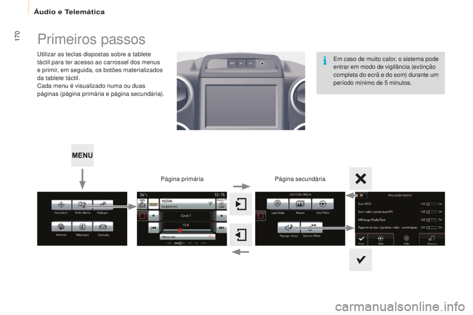 CITROEN BERLINGO ELECTRIC 2017  Manual do condutor (in Portuguese) 170
Berlingo-2-Vu_pt_Chap10a_ sM eGplus_ed01-2015
Primeiros passos
utilizar as teclas dispostas sobre a tablete 
táctil para ter acesso ao carrossel dos menus 
e primir, em seguida, os botões materi