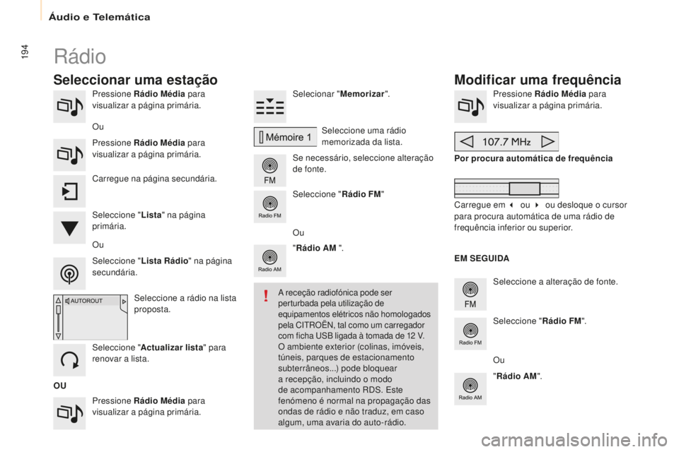 CITROEN BERLINGO ELECTRIC 2017  Manual do condutor (in Portuguese) 194
Berlingo-2-Vu_pt_Chap10a_ sM eGplus_ed01-2015
Pressione Rádio Média  para 
visualizar a página primária.
Pressione Rádio Média  para 
visualizar a página primária.s elecionar "
Memoriz