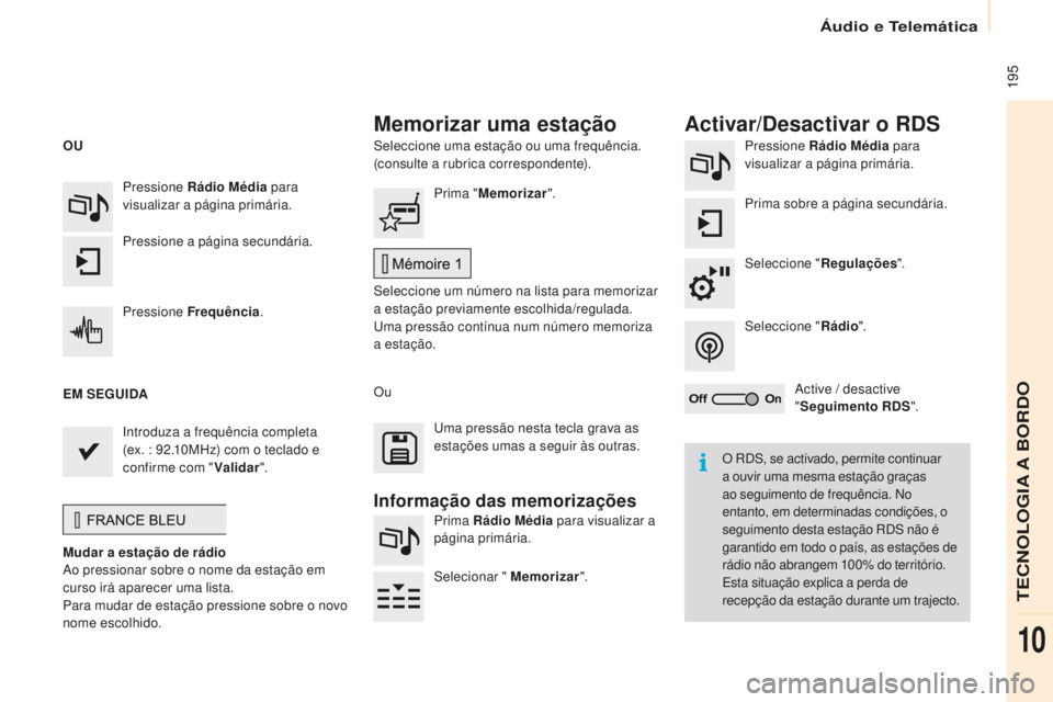 CITROEN BERLINGO ELECTRIC 2017  Manual do condutor (in Portuguese)  195
Berlingo-2-Vu_pt_Chap10a_ sM eGplus_ed01-2015
seleccione uma estação ou uma frequência. 
(consulte a rubrica correspondente). Pressione Rádio Média
 para 
visualizar a página primária.
Pri