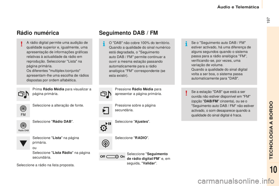 CITROEN BERLINGO ELECTRIC 2017  Manual do condutor (in Portuguese)  197
Berlingo-2-Vu_pt_Chap10a_ sM eGplus_ed01-2015
seleccione a alteração de fonte.
P rima Rádio Média
 para visualizar a 
página primária.
s

eleccione " Rádio 
d AB".
s

eleccione 