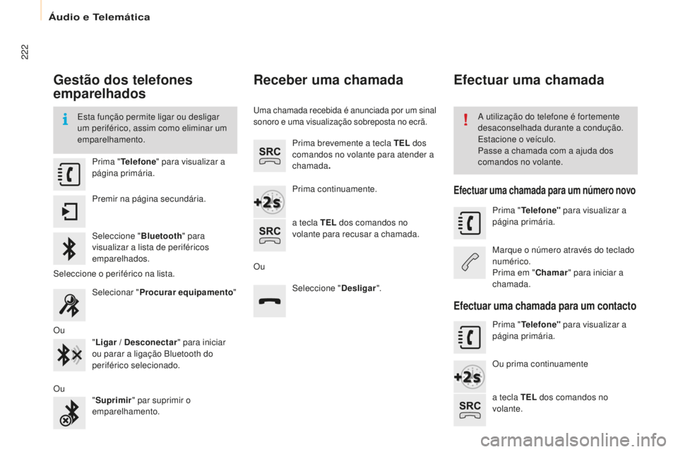 CITROEN BERLINGO ELECTRIC 2017  Manual do condutor (in Portuguese) 222
Berlingo-2-Vu_pt_Chap10a_ sM eGplus_ed01-2015
Gestão dos telefones 
emparelhados
esta função permite ligar ou desligar 
um periférico, assim como eliminar um 
emparelhamento.a  utilização do