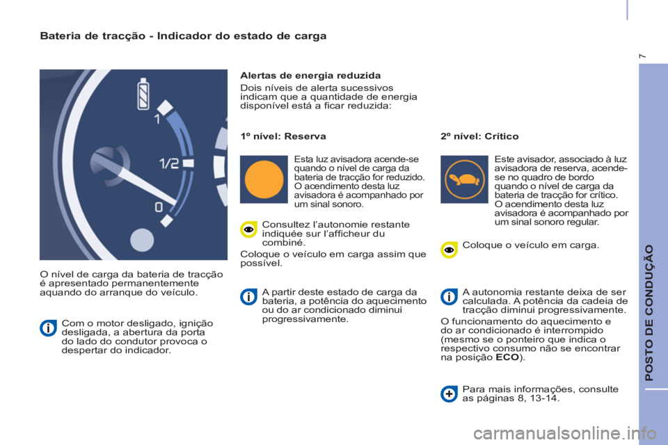 CITROEN BERLINGO ELECTRIC 2017 Manual do condutor (in Portuguese) 7
POSTO DE CONDUÇÃO
Bateria de tracção - Indicador do estado de carga
O nível de carga da bateria de tracção
é apresentado permanentemente
aquando do arranque do veículo.
Aler CITROEN BERLINGO ELECTRIC 2017 Manual do condutor (in Portuguese) 7
POSTO DE CONDUÇÃO
Bateria de tracção - Indicador do estado de carga
O nível de carga da bateria de tracção
é apresentado permanentemente
aquando do arranque do veículo.
Aler