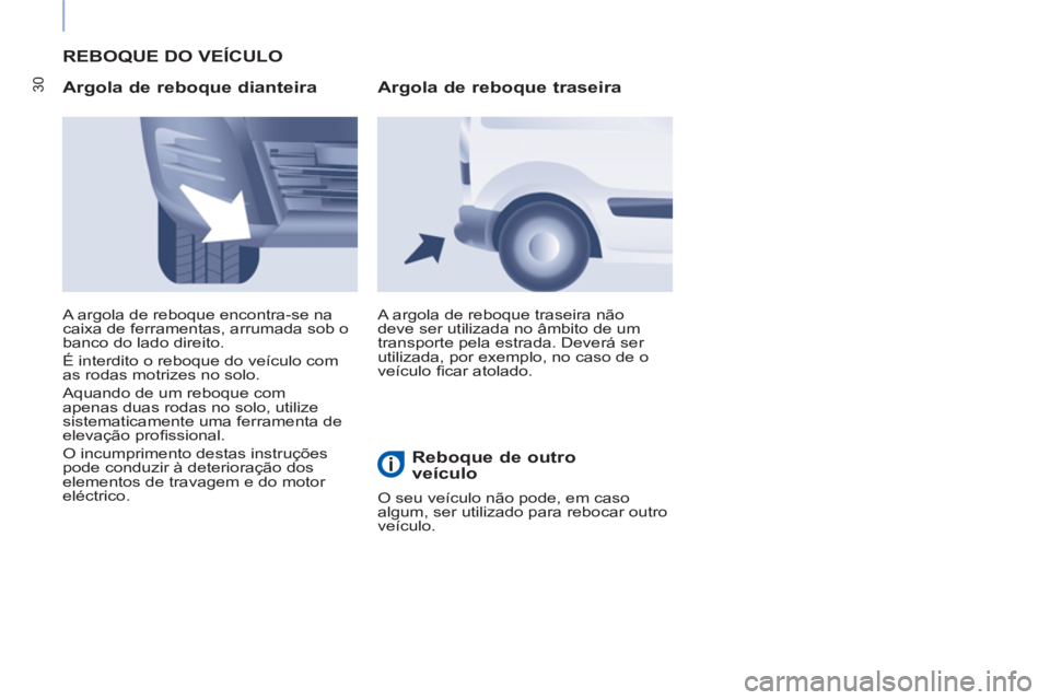 CITROEN BERLINGO ELECTRIC 2017 Manual do condutor (in Portuguese) 30
REBOQUE DO VEÍCULO
Argola de reboque dianteira
A argola de reboque traseira não
deve ser utilizada no âmbito de um
transporte pela estrada. Deverá ser
utilizada, por exemplo, no ca CITROEN BERLINGO ELECTRIC 2017 Manual do condutor (in Portuguese) 30
REBOQUE DO VEÍCULO
Argola de reboque dianteira
A argola de reboque traseira não
deve ser utilizada no âmbito de um
transporte pela estrada. Deverá ser
utilizada, por exemplo, no ca