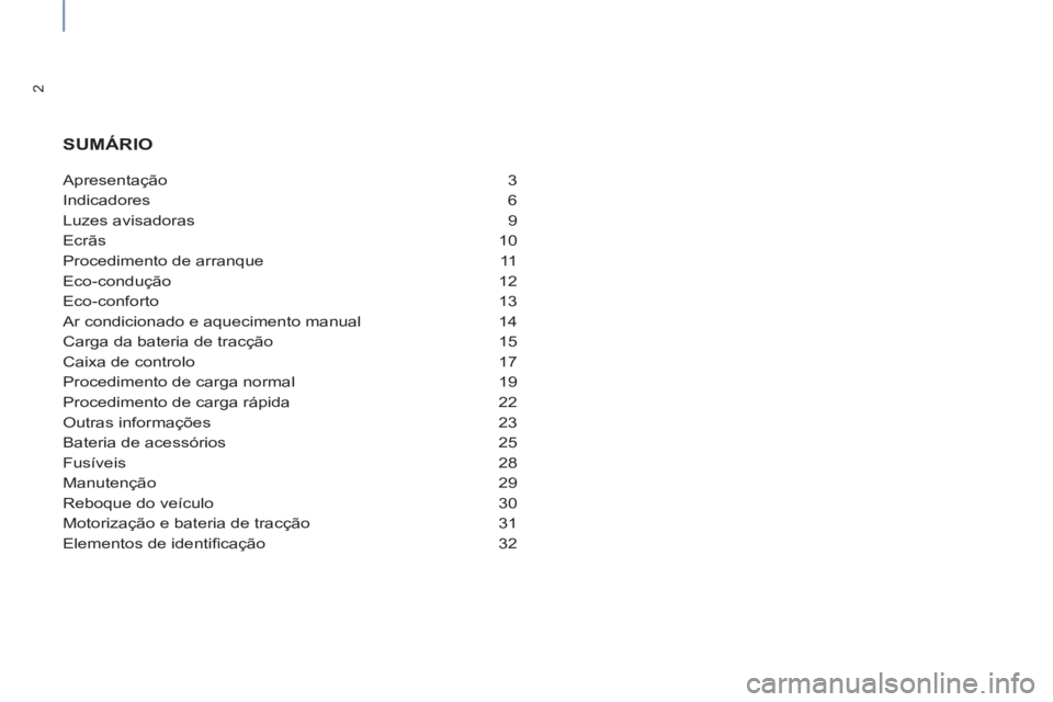 CITROEN BERLINGO ELECTRIC 2017  Manual do condutor (in Portuguese) 2
Apresentação 3
Indicadores 6
Luzes avisadoras  9
Ecrãs 10
Procedimento de arranque  11
Eco-condução 12
Eco-conforto 13
Ar condicionado e aquecimento manual  14
Carga da bateria de tracção  15