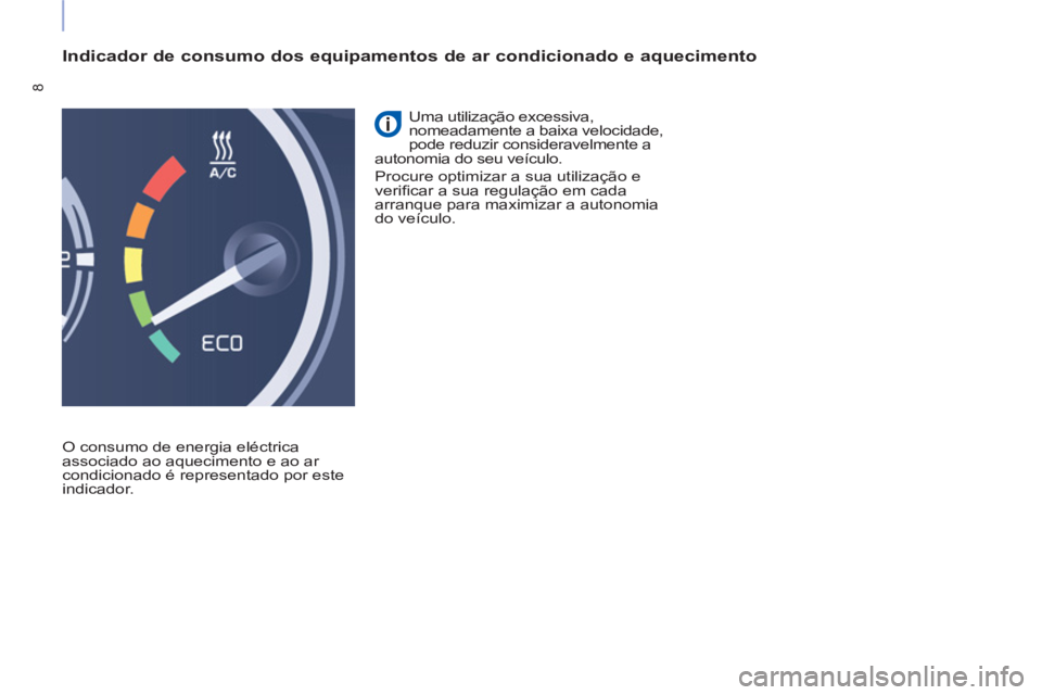 CITROEN BERLINGO ELECTRIC 2017 Manual do condutor (in Portuguese) 8
Indicador de consumo dos equipamentos de ar condicionado e aquecimento
O consumo de energia eléctrica
associado ao aquecimento e ao ar
condicionado é representado por este
indicador. U CITROEN BERLINGO ELECTRIC 2017 Manual do condutor (in Portuguese) 8
Indicador de consumo dos equipamentos de ar condicionado e aquecimento
O consumo de energia eléctrica
associado ao aquecimento e ao ar
condicionado é representado por este
indicador. U