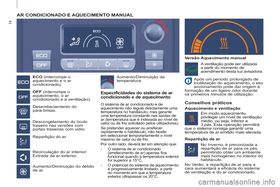 CITROEN BERLINGO ELECTRIC 2017 Manual do condutor (in Portuguese) 14
AR CONDICIONADO E AQUECIMENTO MANUAL
ECO
(interrompe o
aquecimento e o ar
condicionado).
OFF
(interrompe o
aquecimento, o ar
condicionado e a ventilação).
Desembac CITROEN BERLINGO ELECTRIC 2017 Manual do condutor (in Portuguese) 14
AR CONDICIONADO E AQUECIMENTO MANUAL
ECO
(interrompe o
aquecimento e o ar
condicionado).
OFF
(interrompe o
aquecimento, o ar
condicionado e a ventilação).
Desembac
