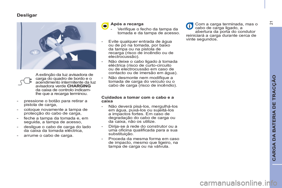 CITROEN BERLINGO ELECTRIC 2017 Manual do condutor (in Portuguese) 21
CARGA DA BATERIA DE TRACÇÃO
- pressione o botão para retirar a
pistola de carga,
- coloque novamente a tampa de
protecção do cabo de carga,
- feche a tampa da tomada CITROEN BERLINGO ELECTRIC 2017 Manual do condutor (in Portuguese) 21
CARGA DA BATERIA DE TRACÇÃO
- pressione o botão para retirar a
pistola de carga,
- coloque novamente a tampa de
protecção do cabo de carga,
- feche a tampa da tomada