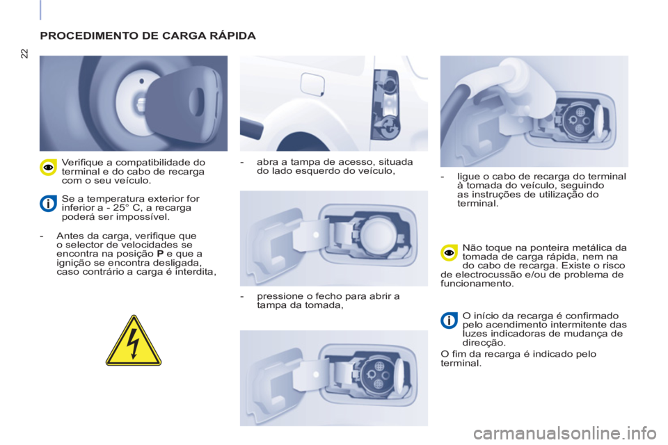 CITROEN BERLINGO ELECTRIC 2017 Manual do condutor (in Portuguese) 22
PROCEDIMENTO DE CARGA RÁPIDA
- Antes da carga, verifi que que
o selector de velocidades se
encontra na posição P
e que a
ignição se encontra desligada,
caso contrário a car CITROEN BERLINGO ELECTRIC 2017 Manual do condutor (in Portuguese) 22
PROCEDIMENTO DE CARGA RÁPIDA
- Antes da carga, verifi que que
o selector de velocidades se
encontra na posição P
e que a
ignição se encontra desligada,
caso contrário a car
