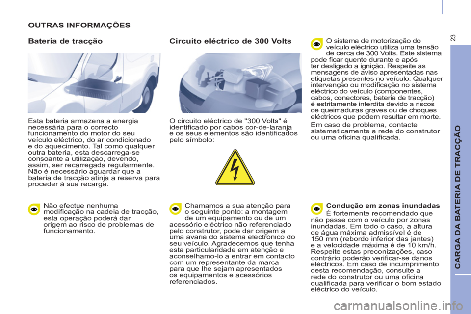 CITROEN BERLINGO ELECTRIC 2017 Manual do condutor (in Portuguese) 23
CARGA DA BATERIA DE TRACÇÃO
OUTRAS INFORMAÇÕES
Bateria de tracção
Esta bateria armazena a energia
necessária para o correcto
funcionamento do motor do seu
veículo eléctrico CITROEN BERLINGO ELECTRIC 2017 Manual do condutor (in Portuguese) 23
CARGA DA BATERIA DE TRACÇÃO
OUTRAS INFORMAÇÕES
Bateria de tracção
Esta bateria armazena a energia
necessária para o correcto
funcionamento do motor do seu
veículo eléctrico