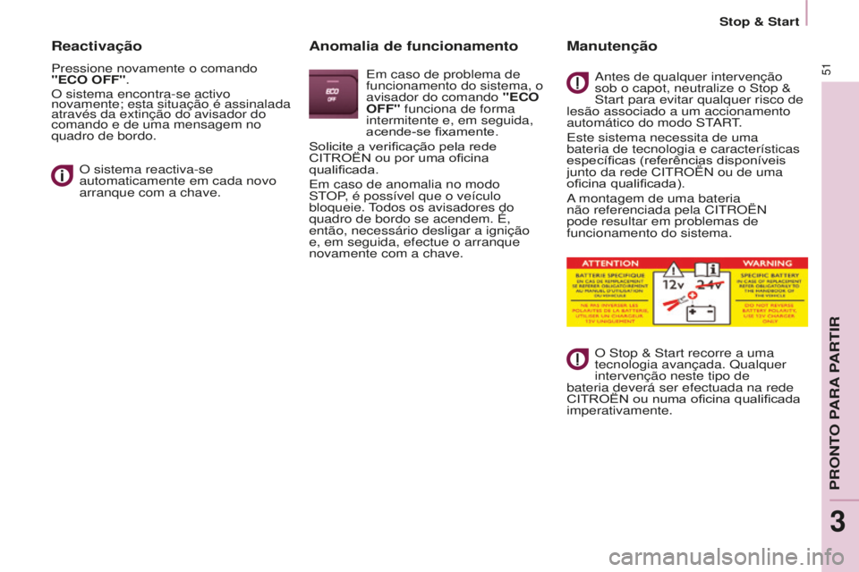 CITROEN BERLINGO ELECTRIC 2017  Manual do condutor (in Portuguese) 51
BERLINGO-2-VU_PT_ChAP03_PRET-A-PARTIR_Ed01-2015BERLINGO-2-VU_PT_ChAP03_PRET-A-PARTIR_Ed01-2015
Reactivação
Pressione novamente o comando 
"ECO OFF".
O sistema encontra-se activo 
novament