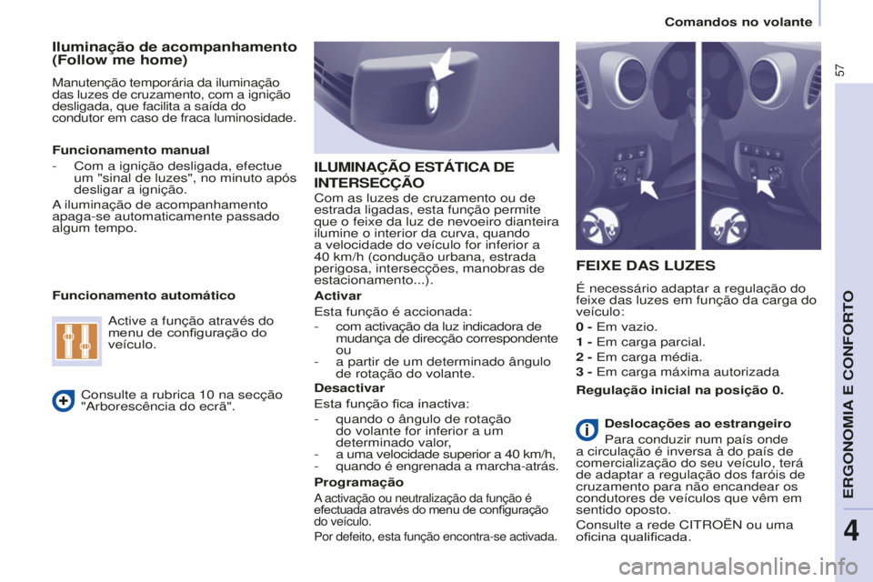CITROEN BERLINGO ELECTRIC 2017  Manual do condutor (in Portuguese) 57
Berlingo-2-VU_pt_Chap04_Ergonomie_ed01-2015
Iluminação de acompanhamento 
(Follow me home)
Manutenção temporária da iluminação 
das luzes de cruzamento, com a ignição 
desligada, que facil