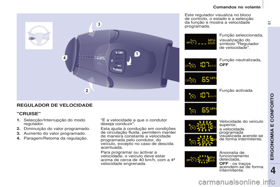 CITROEN BERLINGO ELECTRIC 2017  Manual do condutor (in Portuguese) 61
Berlingo-2-VU_pt_Chap04_Ergonomie_ed01-2015
REGULAdOR dE VELOCIdAdE
"CRUISE"
"É a velocidade a que o condutor 
deseja conduzir".
e
sta ajuda à condução em condições 
de circul
