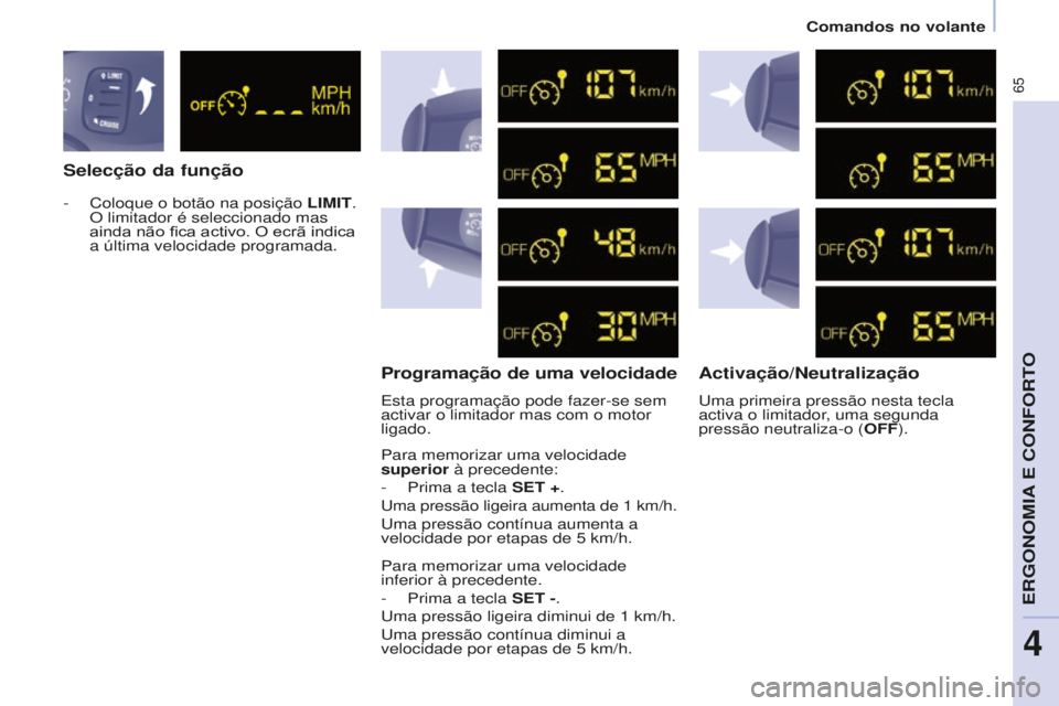 CITROEN BERLINGO ELECTRIC 2017  Manual do condutor (in Portuguese) 65
Berlingo-2-VU_pt_Chap04_Ergonomie_ed01-2015
Selecção da funçãoProgramação de uma velocidadeActivação/Neutralização
Para memorizar uma velocidade 
superior à precedente:
-
 
Prima a tecla