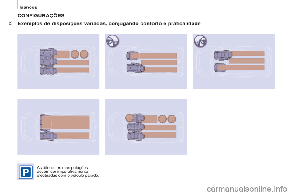 CITROEN BERLINGO ELECTRIC 2017  Manual do condutor (in Portuguese) 78
Berlingo-2-VU_pt_Chap04_Ergonomie_ed01-2015Berlingo-2-VU_pt_Chap04_Ergonomie_ed01-2015
CONFIGURAÇÕES
Exemplos de disposições variadas, conjugando conforto e praticalid\
ade
as diferentes manipu