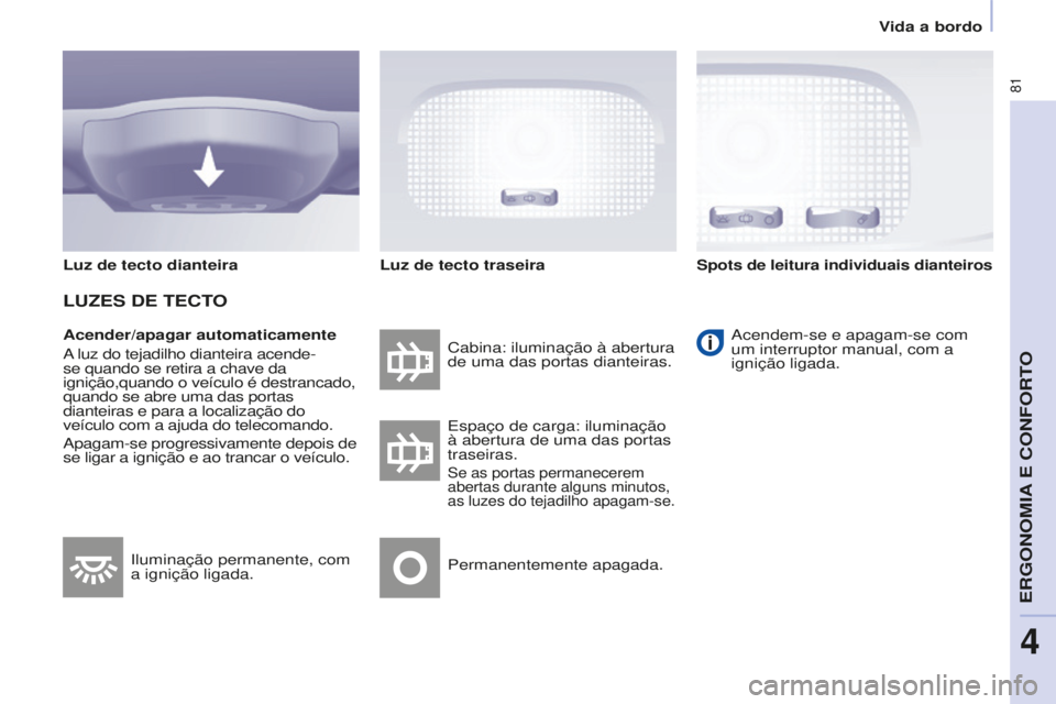 CITROEN BERLINGO ELECTRIC 2017  Manual do condutor (in Portuguese) 81
Berlingo-2-VU_pt_Chap04_Ergonomie_ed01-2015Berlingo-2-VU_pt_Chap04_Ergonomie_ed01-2015
Acender/apagar automaticamente
a luz do tejadilho dianteira acende-
se quando se retira a chave da

 
igniçã
