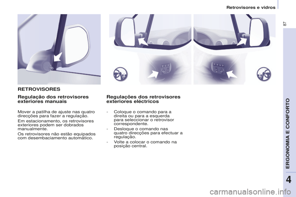 CITROEN BERLINGO ELECTRIC 2017  Manual do condutor (in Portuguese) 87
Berlingo-2-VU_pt_Chap04_Ergonomie_ed01-2015Berlingo-2-VU_pt_Chap04_Ergonomie_ed01-2015
Regulações dos retrovisores 
exteriores eléctricos
R
ETROVISORESRegulação dos retrovisores 
exteriores ma