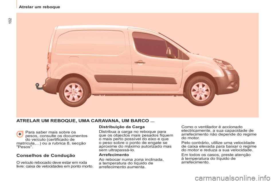 CITROEN BERLINGO ELECTRIC 2015 Manual do condutor (in Portuguese) 102
Atrelar um reboque
Para saber mais sobre os
pesos, consulte os documentos
do veículo (certificado de
matrícula,...) ou a rubrica 8, secção
"Pesos".
ATRELAR UM REBOQUE, UMA C CITROEN BERLINGO ELECTRIC 2015 Manual do condutor (in Portuguese) 102
Atrelar um reboque
Para saber mais sobre os
pesos, consulte os documentos
do veículo (certificado de
matrícula,...) ou a rubrica 8, secção
"Pesos".
ATRELAR UM REBOQUE, UMA C