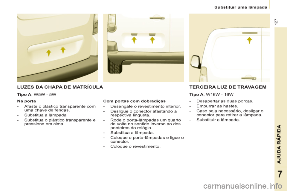 CITROEN BERLINGO ELECTRIC 2015 Manual do condutor (in Portuguese)
Substituir uma lâmpada
127
7
LUZES DA CHAPA DE MATRÍCULA
- Desapertar as duas porcas.
- Empurrar as hastes.
- Caso seja necessário, desligar o
conector para re CITROEN BERLINGO ELECTRIC 2015 Manual do condutor (in Portuguese)
Substituir uma lâmpada
127
7
LUZES DA CHAPA DE MATRÍCULA
- Desapertar as duas porcas.
- Empurrar as hastes.
- Caso seja necessário, desligar o
conector para re