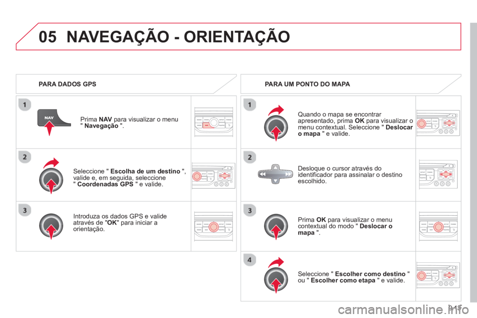 CITROEN BERLINGO ELECTRIC 2015  Manual do condutor (in Portuguese) 9.13
05
   Seleccione " Escolha de um destino 
 ", 
valide e, em seguida, seleccione"  Coordenadas GPS" e valide.
   
Intr
oduza os dados GPS e valide através de "OK" para iniciar a 
orientação.Pri