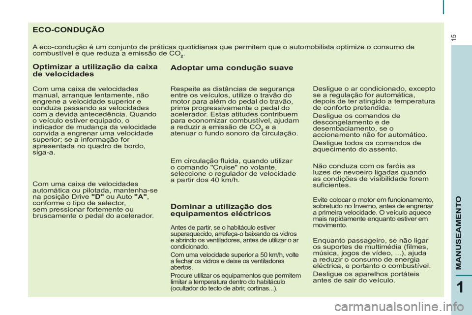 CITROEN BERLINGO ELECTRIC 2015  Manual do condutor (in Portuguese) 15
1
MANUSEAMENTO
ECO-CONDUÇÃO
  A eco-condução é um conjunto de práticas quotidianas que permitem que o automobilista optimize o consumo de 
combustível e que reduza a emissão de CO 
2  . 
 
