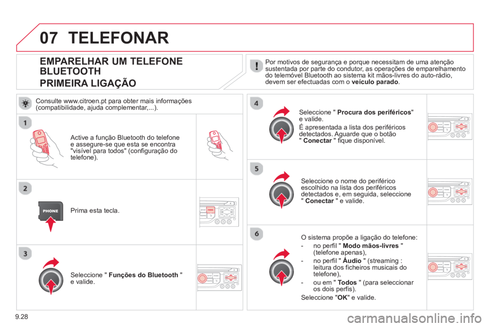 CITROEN BERLINGO ELECTRIC 2015 Manual do condutor (in Portuguese) 9.28
07
EMPARELHAR UM TELEFONE
BLUETOOTH
PRIMEIRA LIGA
ÇÃO
Por motivos de segurança e porque necessitam de uma atençãosustentada por parte do condutor, as operações CITROEN BERLINGO ELECTRIC 2015 Manual do condutor (in Portuguese) 9.28
07
EMPARELHAR UM TELEFONE
BLUETOOTH
PRIMEIRA LIGA
ÇÃO
Por motivos de segurança e porque necessitam de uma atençãosustentada por parte do condutor, as operações