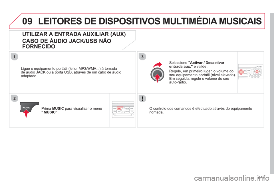 CITROEN BERLINGO ELECTRIC 2015  Manual do condutor (in Portuguese) 9.47
09LEITORES DE DISPOSITIVOS MULTIMÉDIA MUSICAIS
   
 
 
 
 
 
 
 
 
 
 
UTILIZAR A ENTRADA AUXILIAR (AUX) 
 
CABO DE ÁUDIO JACK/USB NÃO 
FORNECIDO
   
Ligue o equipamento portátil (leitor MP3/