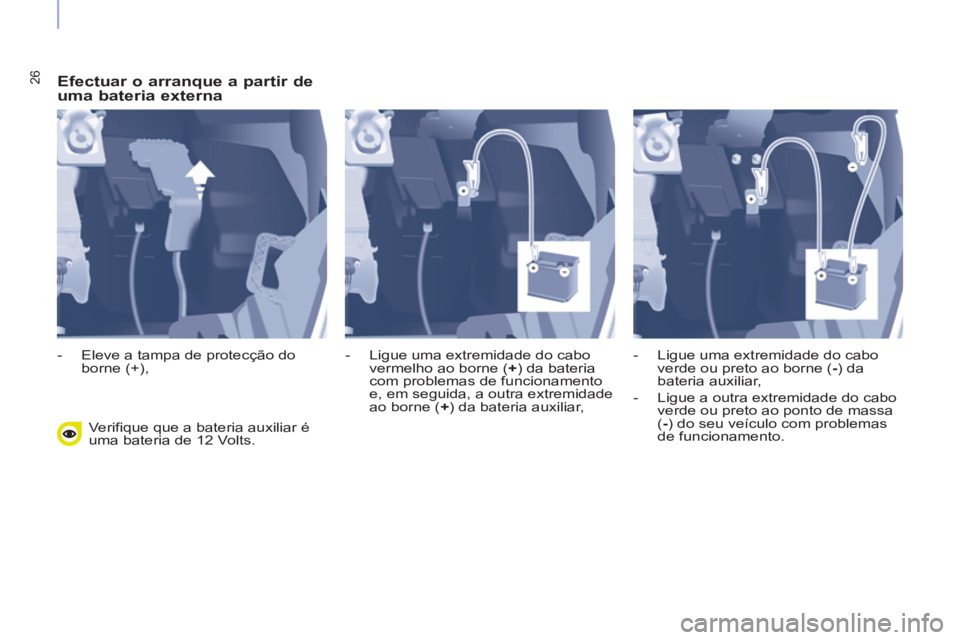 CITROEN BERLINGO ELECTRIC 2015  Manual do condutor (in Portuguese) 26   
Efectuar o arranque a partir de 
uma bateria externa 
  Verifique que a bateria auxiliar é 
uma bateria de 12 Volts.     
 
-   Eleve a tampa de protecção do 
borne (+),    
-   Ligue uma ext