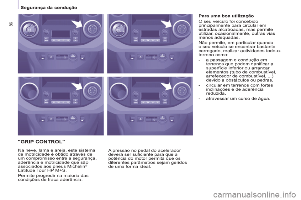 CITROEN BERLINGO ELECTRIC 2015  Manual do condutor (in Portuguese) 86
   
 
Segurança da condução  
 
 
 
"GRIP CONTROL" 
 
A pressão no pedal do acelerador 
deverá ser suficiente para que a 
potência do motor permita que os 
diferentes parâmetros sejam gerido