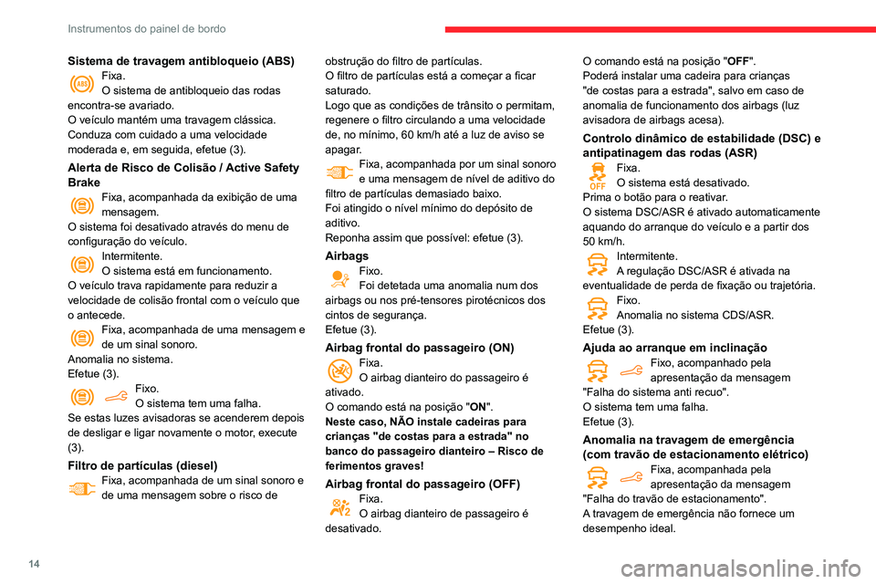 CITROEN BERLINGO VAN 2021 Manual do condutor (in Portuguese) 14
Instrumentos do painel de bordo
Sistema de travagem antibloqueio (ABS)Fixa.
O sistema de antibloqueio das rodas
encontra-se avariado.
O veículo mantém uma travagem clássica.
Conduza com cuidado CITROEN BERLINGO VAN 2021 Manual do condutor (in Portuguese) 14
Instrumentos do painel de bordo
Sistema de travagem antibloqueio (ABS)Fixa.
O sistema de antibloqueio das rodas
encontra-se avariado.
O veículo mantém uma travagem clássica.
Conduza com cuidado