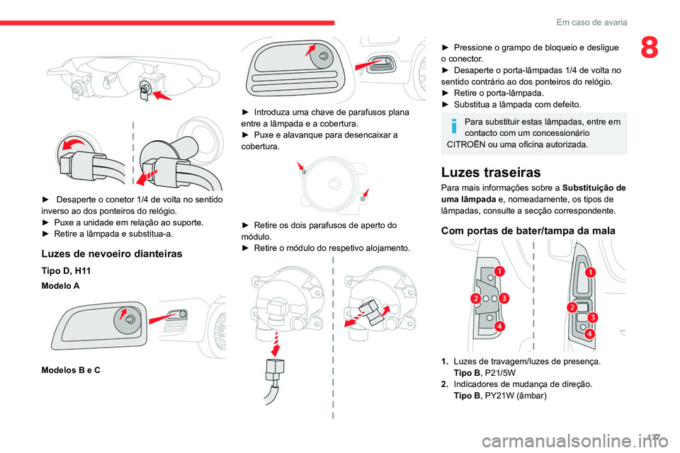 CITROEN BERLINGO VAN 2021  Manual do condutor (in Portuguese) 177
Em caso de avaria
8 
 
 
 
►  Desaperte o conetor 1/4 de volta no sentido 
inverso ao dos ponteiros do relógio.
►
 
Puxe a unidade em relação ao suporte.
►

 
Retire a lâmpada e substitu