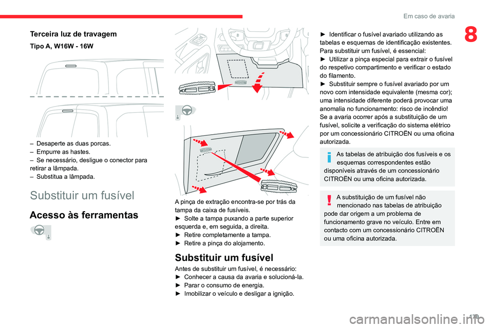 CITROEN BERLINGO VAN 2021  Manual do condutor (in Portuguese) 179
Em caso de avaria
8Terceira luz de travagem
Tipo A, W16W - 16W 
 
– Desaperte as duas porcas.
–  Empurre as hastes.
–
 
Se necessário, desligue o conector para 
retirar a lâmpada.
–

 
S
