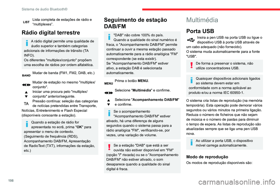 CITROEN BERLINGO VAN 2021  Manual do condutor (in Portuguese) 198
Sistema de áudio Bluetooth®
Lista completa de estações de rádio e 
“multiplexes”.
Rádio digital terrestre
A rádio digital permite uma qualidade de áudio superior e também categorias 
