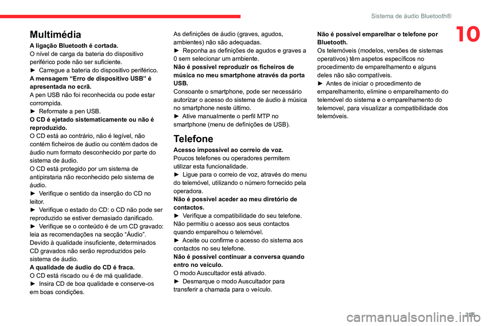 CITROEN BERLINGO VAN 2021  Manual do condutor (in Portuguese) 205
Sistema de áudio Bluetooth®
10Multimédia
A ligação Bluetooth é cortada.
O nível de carga da bateria do dispositivo 
periférico pode não ser suficiente.
► 
Carregue a bateria do disposit