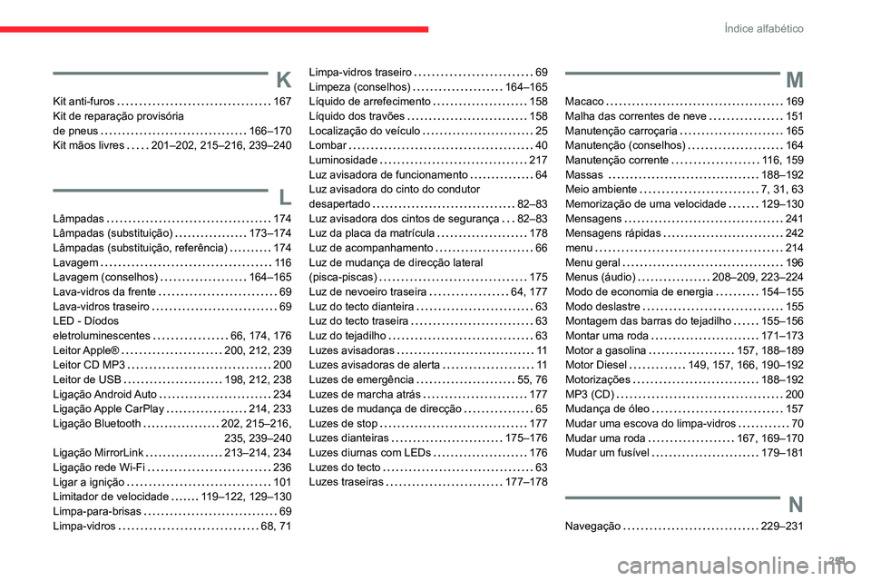 CITROEN BERLINGO VAN 2021 Manual do condutor (in Portuguese) 251
Índice alfabético
K
Kit anti-furos 167
Kit de reparação provisória
de pneus
166–170
Kit mãos livres
201–202, 215–216, 239–240
L
Lâmpadas 174
Lâmpadas (substituiç CITROEN BERLINGO VAN 2021 Manual do condutor (in Portuguese) 251
Índice alfabético
K
Kit anti-furos 167
Kit de reparação provisória
de pneus
166–170
Kit mãos livres
201–202, 215–216, 239–240
L
Lâmpadas 174
Lâmpadas (substituiç