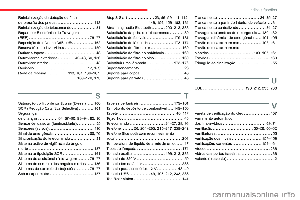 CITROEN BERLINGO VAN 2021 Manual do condutor (in Portuguese) 253
Índice alfabético
Reinicialização da deteção de falta
de pressão dos pneus
11 3
Reinicialização do telecomando
31
Repartidor Electrónico de Travagem
(REF)
76–77
Repos CITROEN BERLINGO VAN 2021 Manual do condutor (in Portuguese) 253
Índice alfabético
Reinicialização da deteção de falta
de pressão dos pneus
11 3
Reinicialização do telecomando
31
Repartidor Electrónico de Travagem
(REF)
76–77
Repos