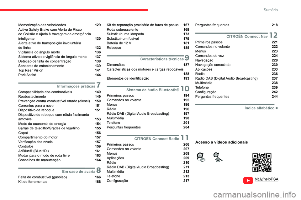 CITROEN BERLINGO VAN 2021 Manual do condutor (in Portuguese) 3
Sumário
bit.ly/helpPSA
Memorização das velocidades 129
Active Safety Brake com Alerta de Risco
de Colisão e Ajuda à travagem de emergência
inteligente
130
Alerta ativo de tran CITROEN BERLINGO VAN 2021 Manual do condutor (in Portuguese) 3
Sumário
bit.ly/helpPSA
Memorização das velocidades 129
Active Safety Brake com Alerta de Risco
de Colisão e Ajuda à travagem de emergência
inteligente
130
Alerta ativo de tran