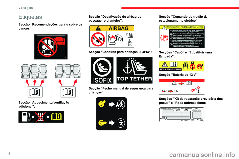 CITROEN BERLINGO VAN 2021 Manual do condutor (in Portuguese) 4
Visão geral
Etiquetas
Secção “Recomendações gerais sobre os
bancos”:
Secção “Aquecimento/ventilação
adicional”:
Secção “Desativação do airbag do
passageiro dian CITROEN BERLINGO VAN 2021 Manual do condutor (in Portuguese) 4
Visão geral
Etiquetas
Secção “Recomendações gerais sobre os
bancos”:
Secção “Aquecimento/ventilação
adicional”:
Secção “Desativação do airbag do
passageiro dian