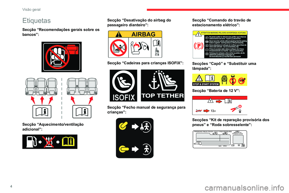 CITROEN BERLINGO VAN 2021  Manual do condutor (in Portuguese) 4
Visão geral
Etiquetas
Secção “Recomendações gerais sobre os 
bancos”:
 
 
 
 
Secção “Aquecimento/ventilação 
adicional”:
 
 
Secção “Desativação do airbag do 
passageiro dian