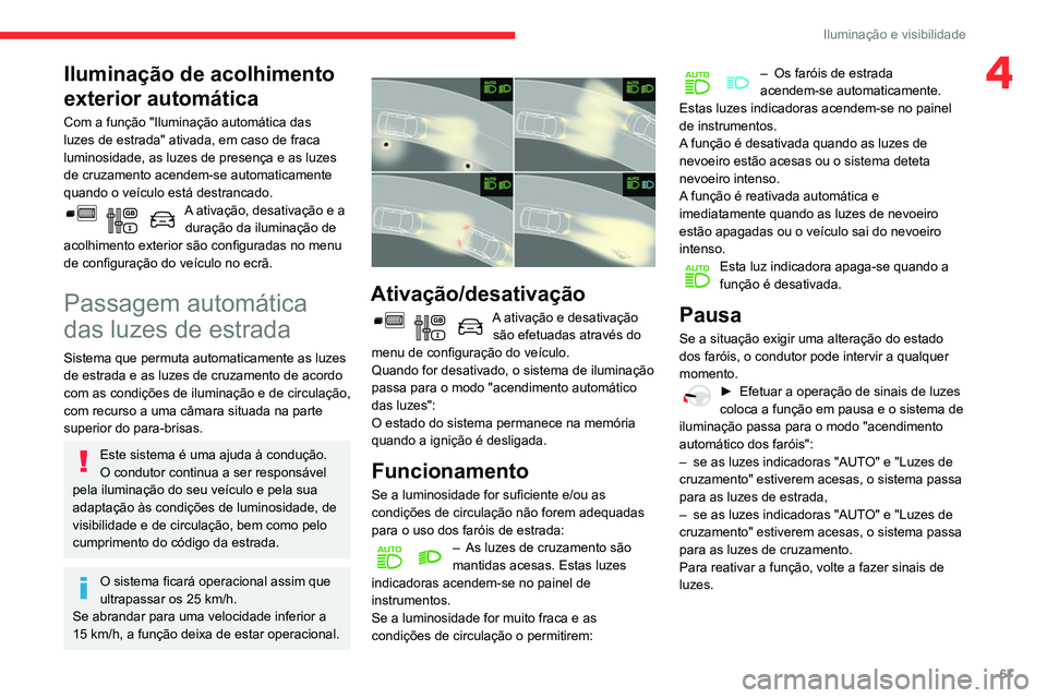 CITROEN BERLINGO VAN 2021 Manual do condutor (in Portuguese) 67
Iluminação e visibilidade
4Iluminação de acolhimento
exterior automática
Com a função "Iluminação automática das
luzes de estrada" ativada, em caso de fraca
luminosidade, as lu CITROEN BERLINGO VAN 2021 Manual do condutor (in Portuguese) 67
Iluminação e visibilidade
4Iluminação de acolhimento
exterior automática
Com a função "Iluminação automática das
luzes de estrada" ativada, em caso de fraca
luminosidade, as lu