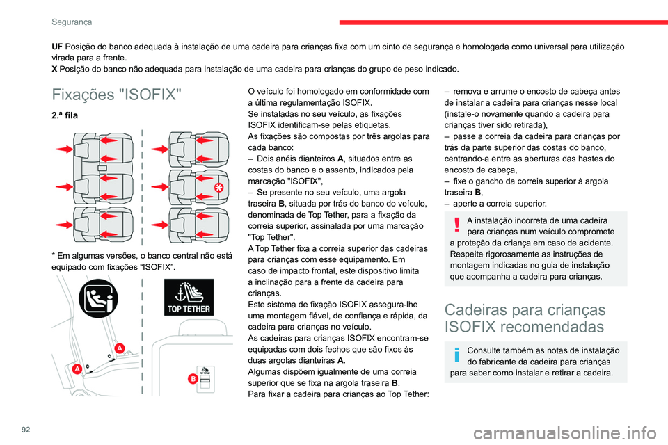 CITROEN BERLINGO VAN 2021 Manual do condutor (in Portuguese) 92
Segurança
UF Posição do banco adequada à instalação de uma cadeira para crianças fixa com um cinto de segurança e homologada como universal para utilização
virada para a frente.
X Posiç CITROEN BERLINGO VAN 2021 Manual do condutor (in Portuguese) 92
Segurança
UF Posição do banco adequada à instalação de uma cadeira para crianças fixa com um cinto de segurança e homologada como universal para utilização
virada para a frente.
X Posiç