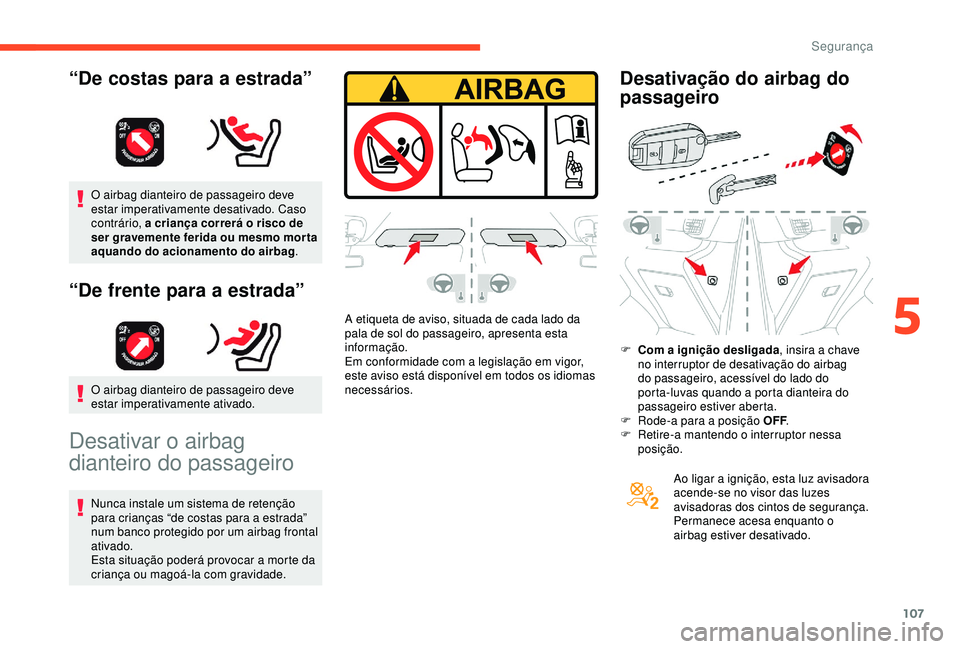 CITROEN BERLINGO VAN 2019 Manual do condutor (in Portuguese) 107
O airbag dianteiro de passageiro deve
estar imperativamente desativado. Caso
contrário, a criança correrá o risco de
ser gravemente ferida ou mesmo mor ta
aquando do acionamento do airbag.
CITROEN BERLINGO VAN 2019 Manual do condutor (in Portuguese) 107
O airbag dianteiro de passageiro deve
estar imperativamente desativado. Caso
contrário, a criança correrá o risco de
ser gravemente ferida ou mesmo mor ta
aquando do acionamento do airbag.