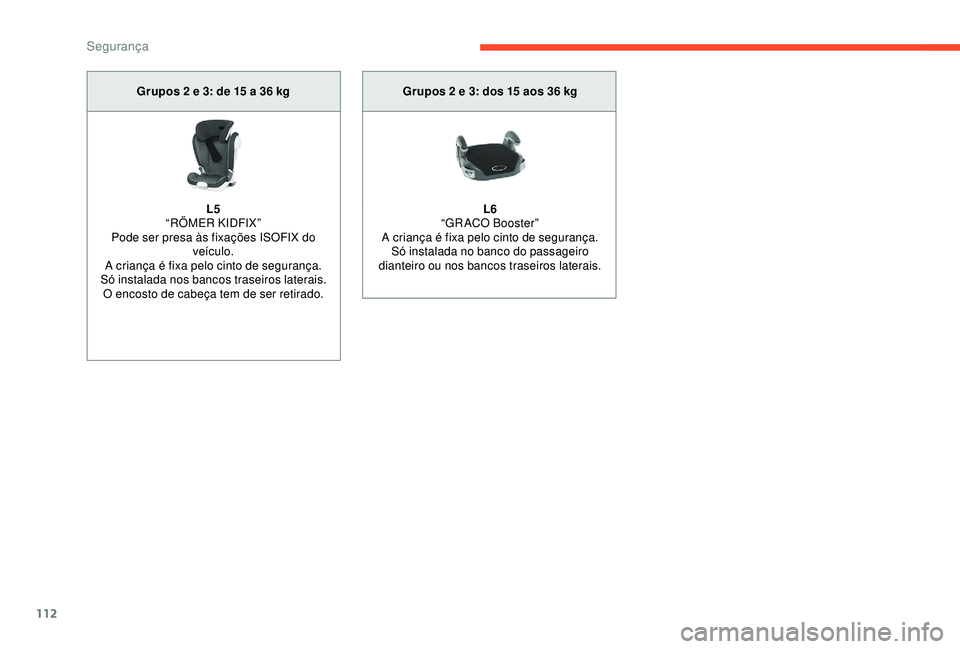 CITROEN BERLINGO VAN 2019 Manual do condutor (in Portuguese) 112
Grupos 2 e 3: de 15 a 36 kg
L5
“
RÖMER KIDFIX”
Pode ser presa às fixações ISOFIX do veículo.
A criança é fixa pelo cinto de segurança.
Só instalada nos bancos traseiros laterais. O e CITROEN BERLINGO VAN 2019 Manual do condutor (in Portuguese) 112
Grupos 2 e 3: de 15 a 36 kg
L5
“
RÖMER KIDFIX”
Pode ser presa às fixações ISOFIX do veículo.
A criança é fixa pelo cinto de segurança.
Só instalada nos bancos traseiros laterais. O e