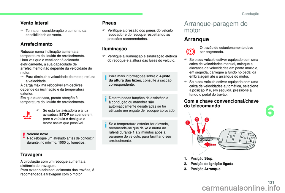 CITROEN BERLINGO VAN 2019 Manual do condutor (in Portuguese) 121
Vento lateral
F Tenha em consideração o aumento da sensibilidade ao vento.
Arrefecimento
Rebocar numa inclinação aumenta a
temperatura do líquido de arrefecimento.
Uma vez que o ventilador CITROEN BERLINGO VAN 2019 Manual do condutor (in Portuguese) 121
Vento lateral
F Tenha em consideração o aumento da sensibilidade ao vento.
Arrefecimento
Rebocar numa inclinação aumenta a
temperatura do líquido de arrefecimento.
Uma vez que o ventilador