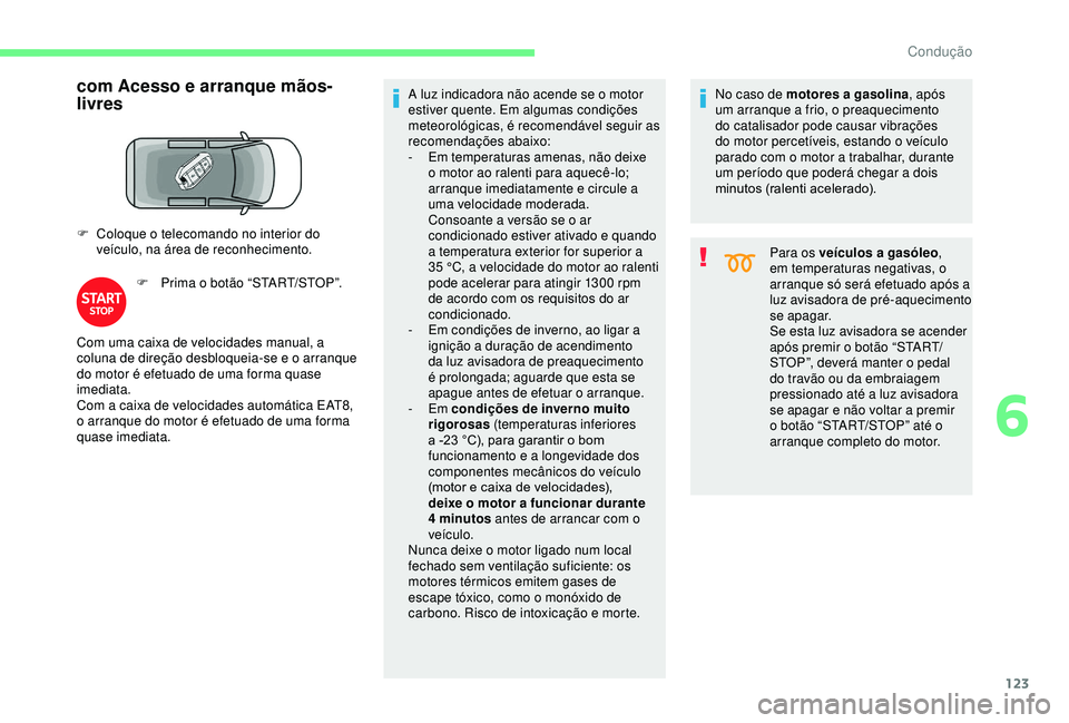 CITROEN BERLINGO VAN 2019 Manual do condutor (in Portuguese) 123
com Acesso e arranque mãos-
livres
F Coloque o telecomando no interior do veículo, na área de reconhecimento.
F
P
rima o botão “START/STOP”. A luz indicadora não acende se o motor
est CITROEN BERLINGO VAN 2019 Manual do condutor (in Portuguese) 123
com Acesso e arranque mãos-
livres
F Coloque o telecomando no interior do veículo, na área de reconhecimento.
F
P
rima o botão “START/STOP”. A luz indicadora não acende se o motor
est