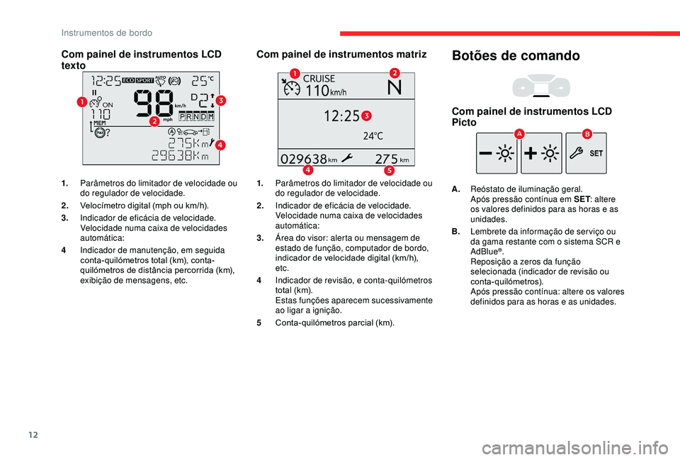 CITROEN BERLINGO VAN 2019 Manual do condutor (in Portuguese) 12
Com painel de instrumentos LCD
texto
1.Parâmetros do limitador de velocidade ou
do regulador de velocidade.
2. Velocímetro digital (mph ou km/h).
3. Indicador de eficácia de velocidade.
Veloci CITROEN BERLINGO VAN 2019 Manual do condutor (in Portuguese) 12
Com painel de instrumentos LCD
texto
1.Parâmetros do limitador de velocidade ou
do regulador de velocidade.
2. Velocímetro digital (mph ou km/h).
3. Indicador de eficácia de velocidade.
Veloci