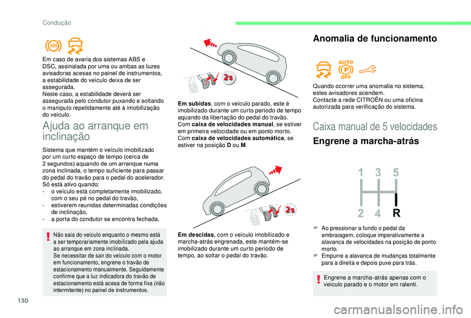 CITROEN BERLINGO VAN 2019  Manual do condutor (in Portuguese) 130
Ajuda ao arranque em 
inclinação
Sistema que mantém o veículo imobilizado 
por um curto espaço de tempo (cerca de 
2  segundos) aquando de um arranque numa 
zona inclinada, o tempo suficiente