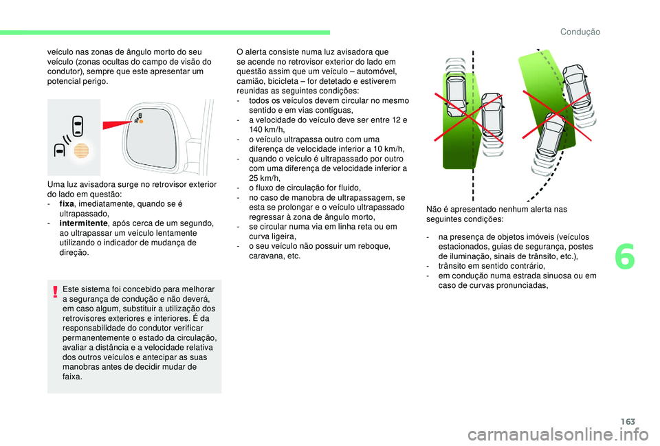CITROEN BERLINGO VAN 2019 Manual do condutor (in Portuguese) 163
Uma luz avisadora surge no retrovisor exterior
do lado em questão:
-
f
ixa, imediatamente, quando se é
ultrapassado,
-
i
ntermitente , após cerca de um segundo,
ao ultrapassar um veícu CITROEN BERLINGO VAN 2019 Manual do condutor (in Portuguese) 163
Uma luz avisadora surge no retrovisor exterior
do lado em questão:
-
f
ixa, imediatamente, quando se é
ultrapassado,
-
i
ntermitente , após cerca de um segundo,
ao ultrapassar um veícu