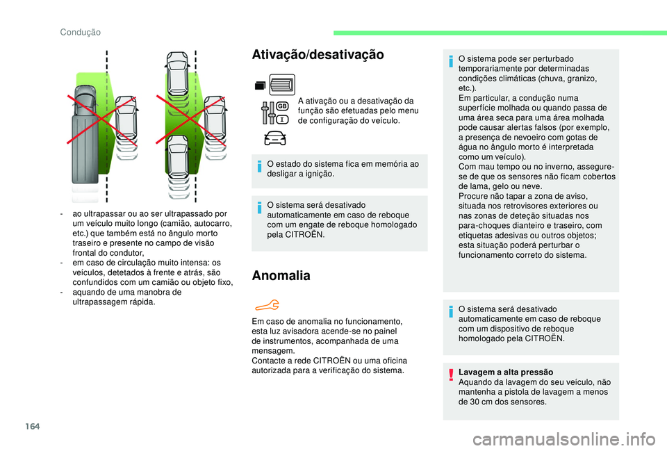 CITROEN BERLINGO VAN 2019 Manual do condutor (in Portuguese) 164
Ativação/desativação
A ativação ou a desativação da
função são efetuadas pelo menu
de configuração do veículo.
O estado do sistema fica em memória ao
desligar a ignição.
O sist CITROEN BERLINGO VAN 2019 Manual do condutor (in Portuguese) 164
Ativação/desativação
A ativação ou a desativação da
função são efetuadas pelo menu
de configuração do veículo.
O estado do sistema fica em memória ao
desligar a ignição.
O sist