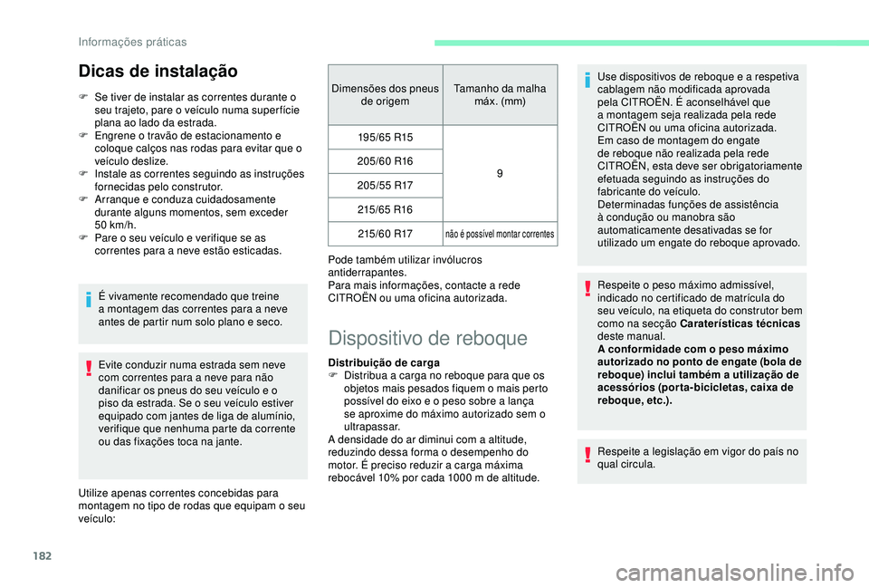 CITROEN BERLINGO VAN 2019 Manual do condutor (in Portuguese) 182
Dicas de instalação
F Se tiver de instalar as correntes durante o seu trajeto, pare o veículo numa super fície
plana ao lado da estrada.
F
E
ngrene o travão de estacionamento e
coloque c CITROEN BERLINGO VAN 2019 Manual do condutor (in Portuguese) 182
Dicas de instalação
F Se tiver de instalar as correntes durante o seu trajeto, pare o veículo numa super fície
plana ao lado da estrada.
F
E
ngrene o travão de estacionamento e
coloque c